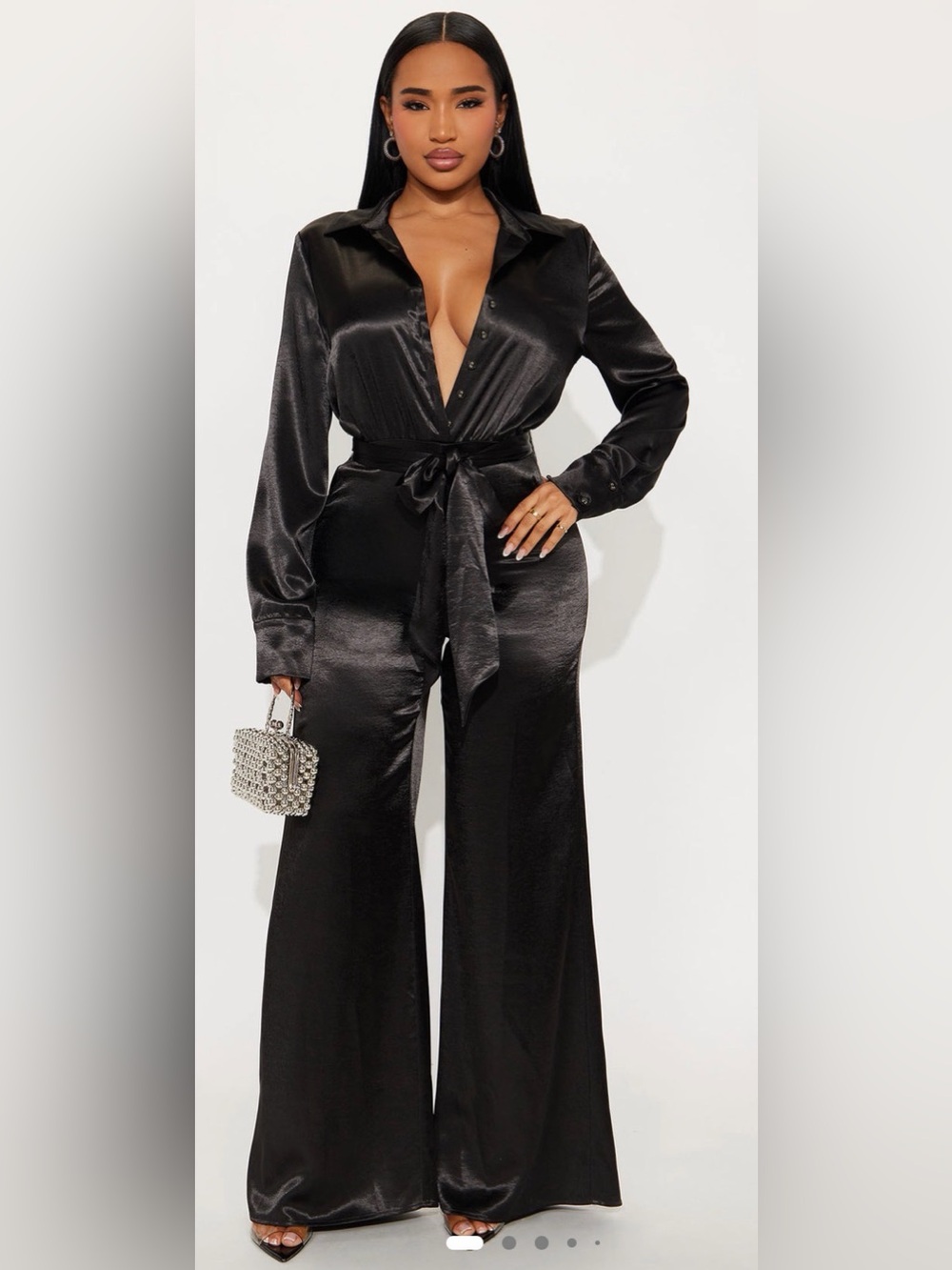 Fashion Nova Black Satin Wide Leg Jumpsuit